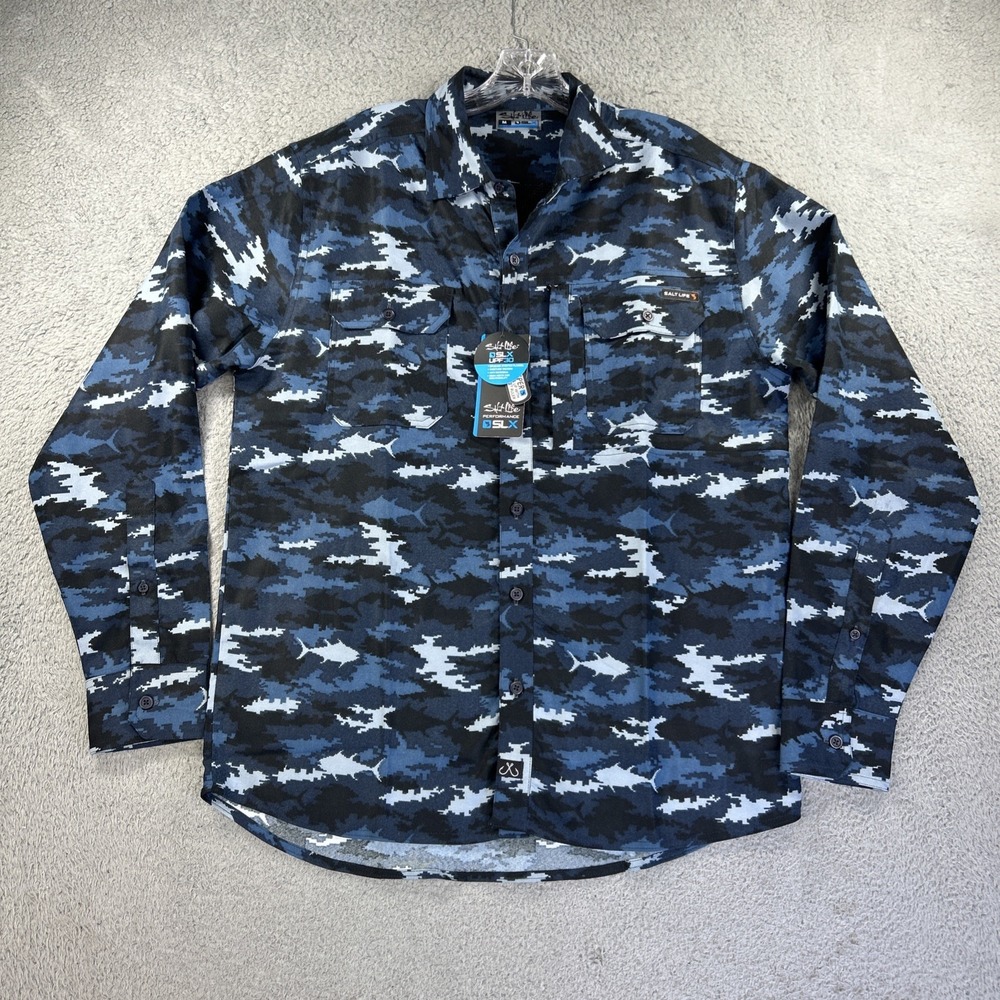 Salt Life Shirt Mens Medium Blue Camo Digital SLX Performance Fishing Angler NEW